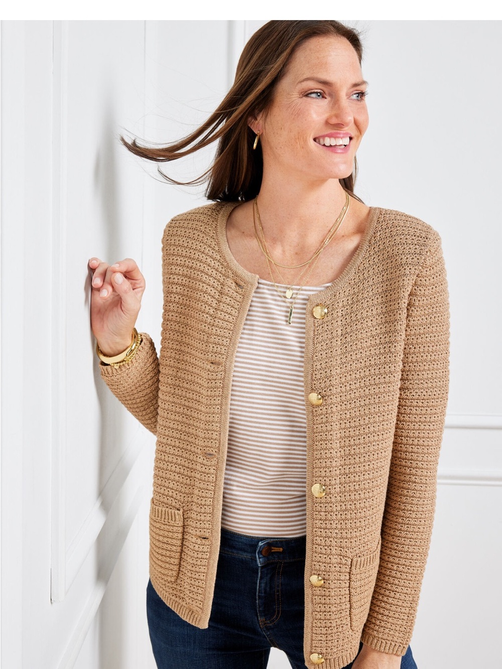 NWT Talbots Metallic Knit Kate Cardigan Jacket Small Gold Crest Buttons